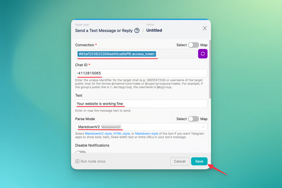 illustration of Configuration of Telegram nodes